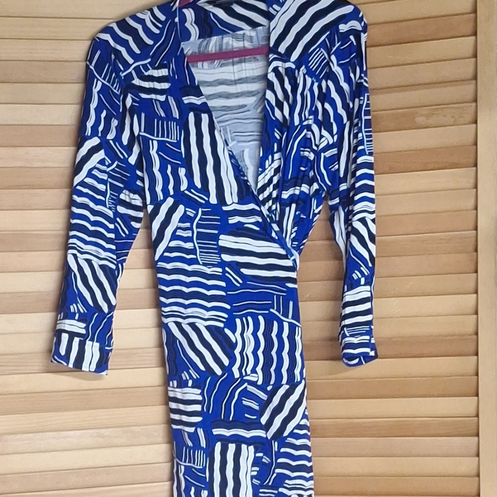 Lands' End Blue and White Abstract Wrap Dress Large 14-16 3/4 Sleeves
